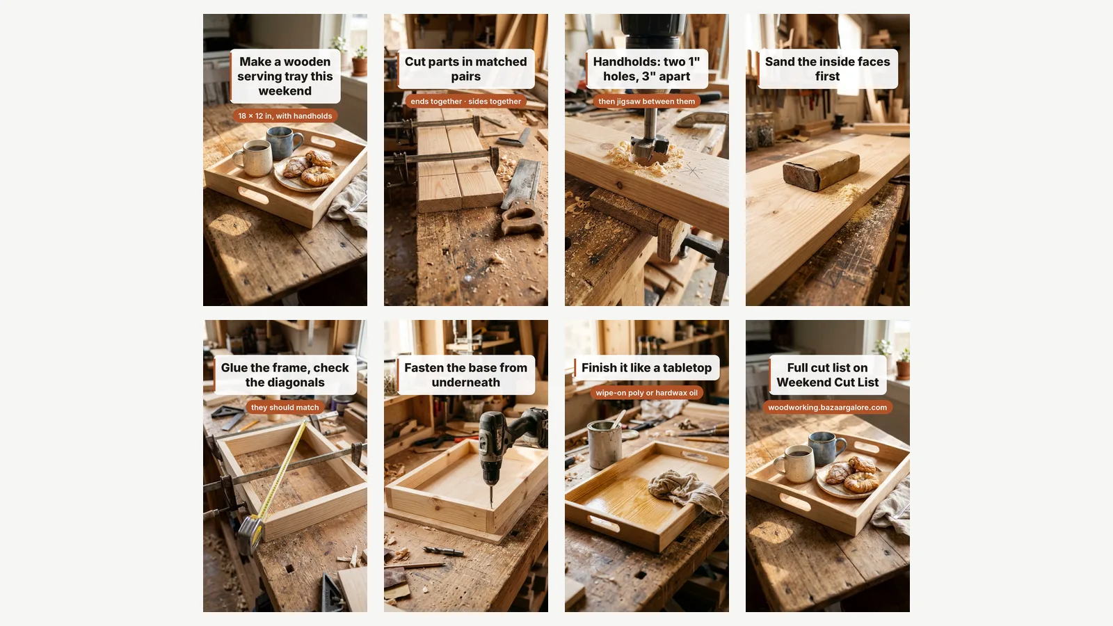 Eight vertical frames from a serving-tray video, each with a headline card describing one build step